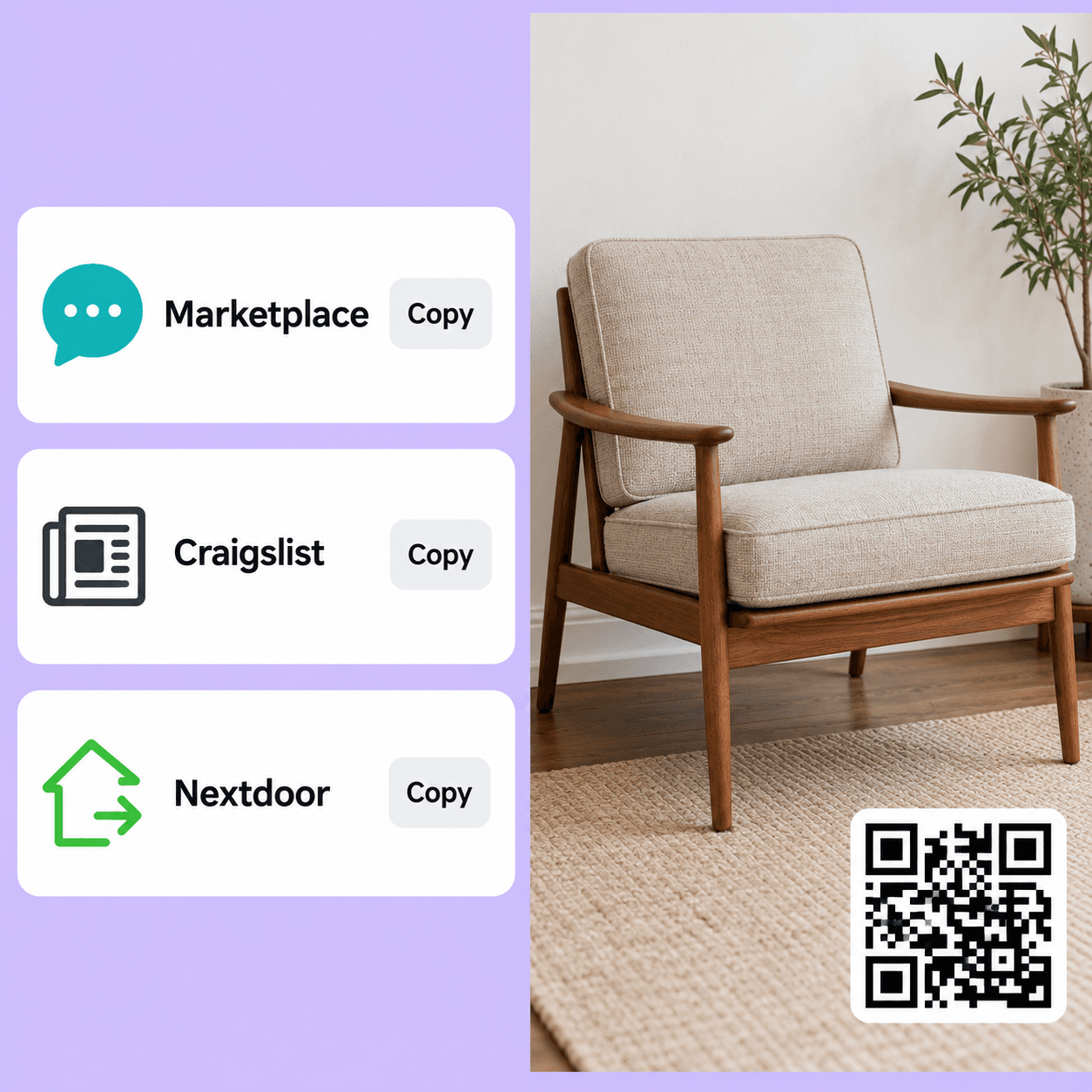 A product photo with copy buttons for Facebook, Craigslist, and Nextdoor