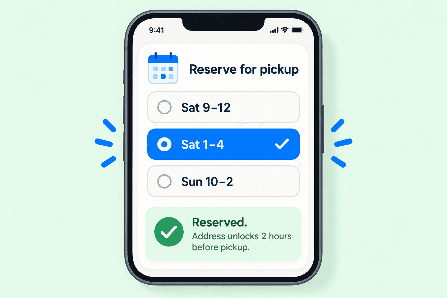 A phone showing three pickup time slots with one selected and a green Reserved confirmation