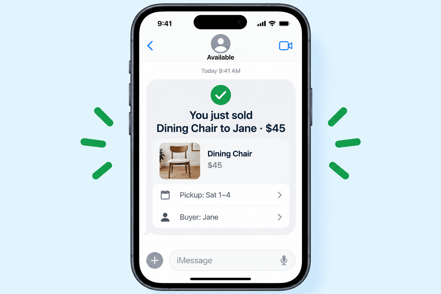 A phone showing an SMS: "You just sold Dining Chair to Jane — $45"