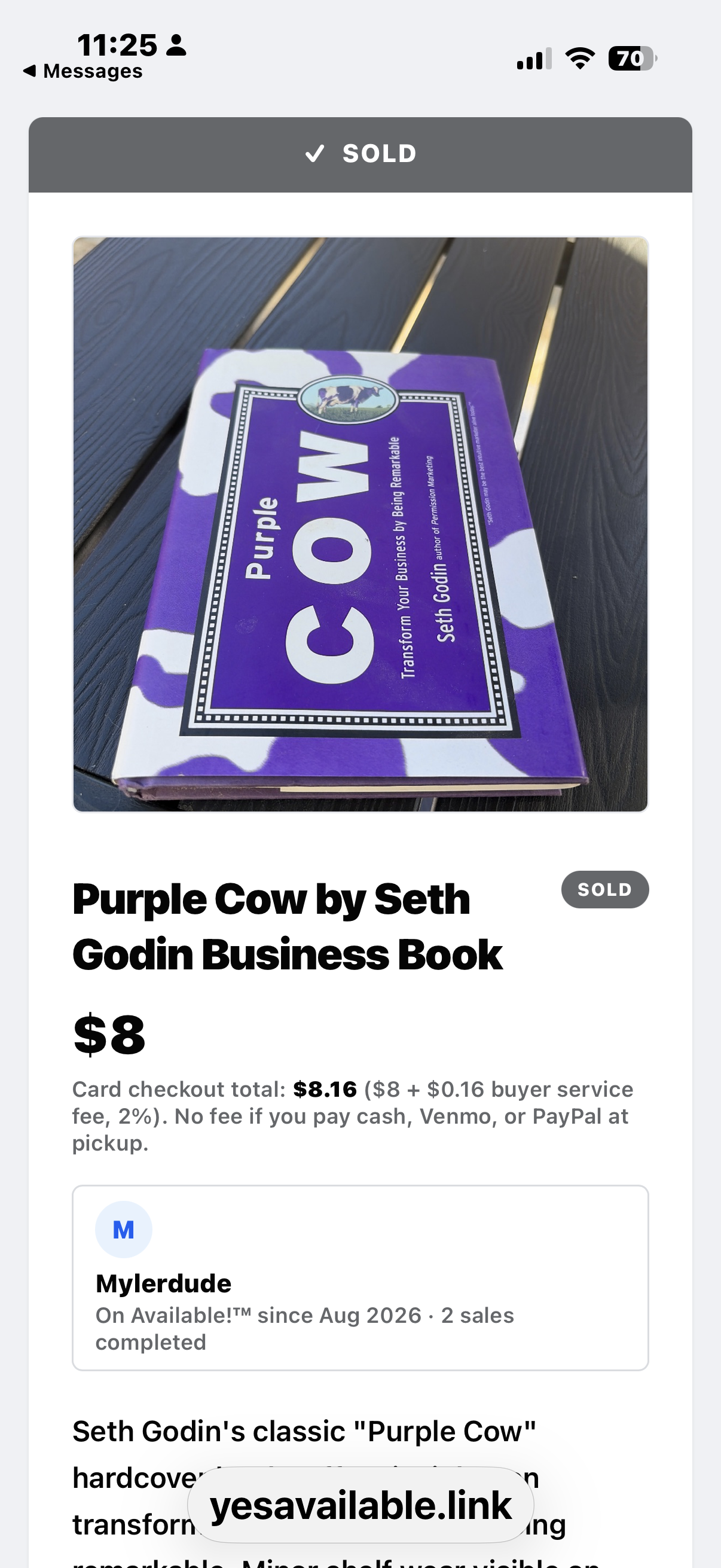 Item page in Sold state with the full-width gray SOLD strip at the top