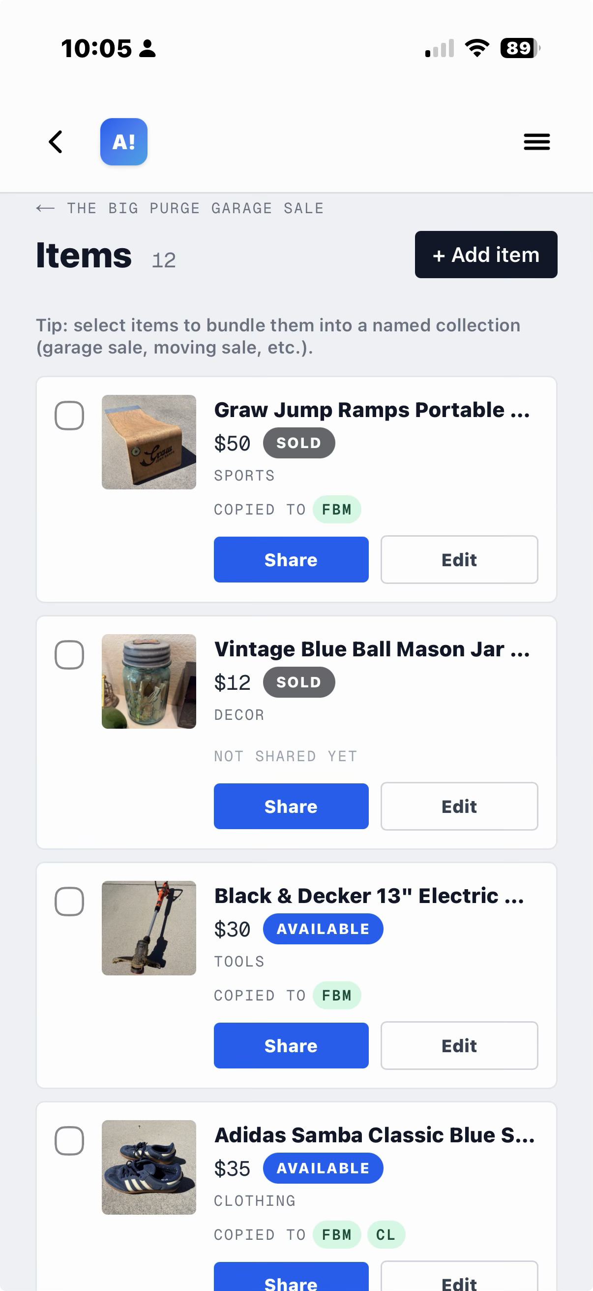 Sale inventory dashboard showing multiple items with status pills, prices, and thumbnails