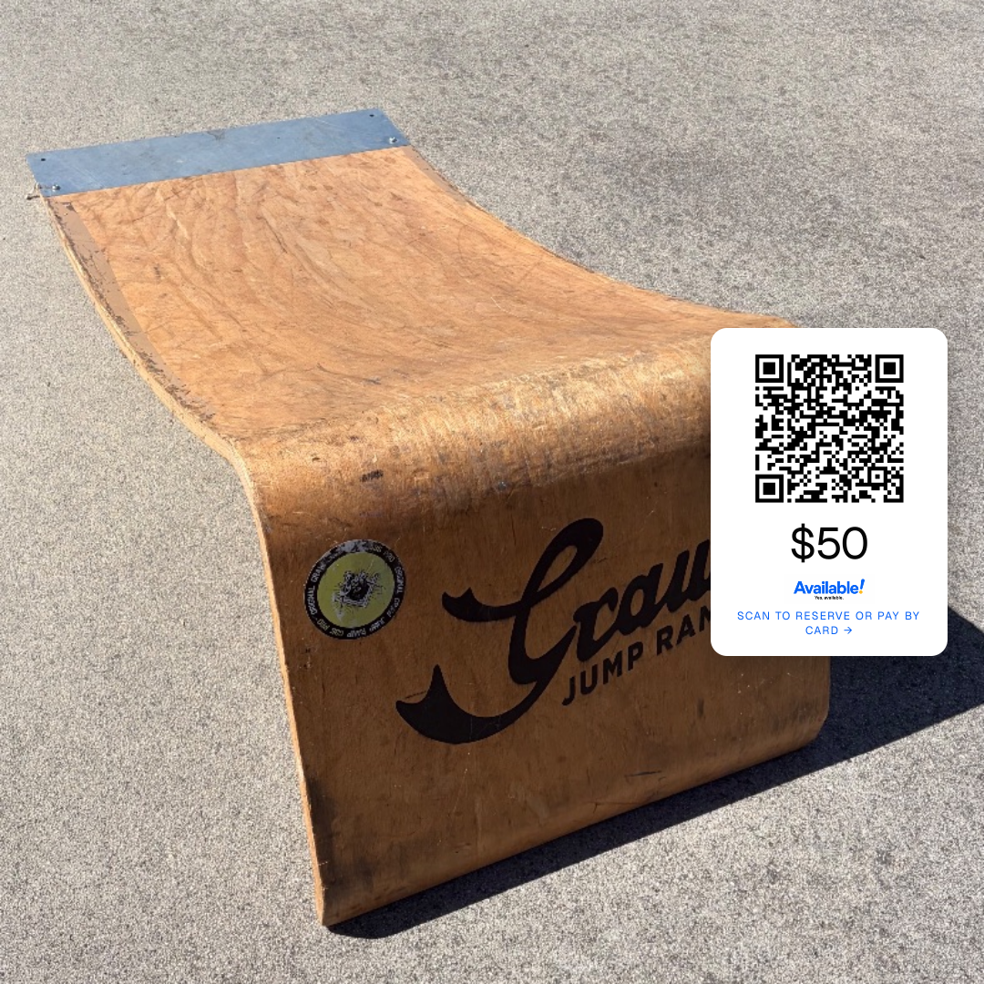 The scan-to-buy image, ready for Facebook Marketplace: your product photo fills the frame, QR code + price + Available!™ mark sit in a white card at center-right (positioned to survive Facebook listing-view crops that clip the top of photos)