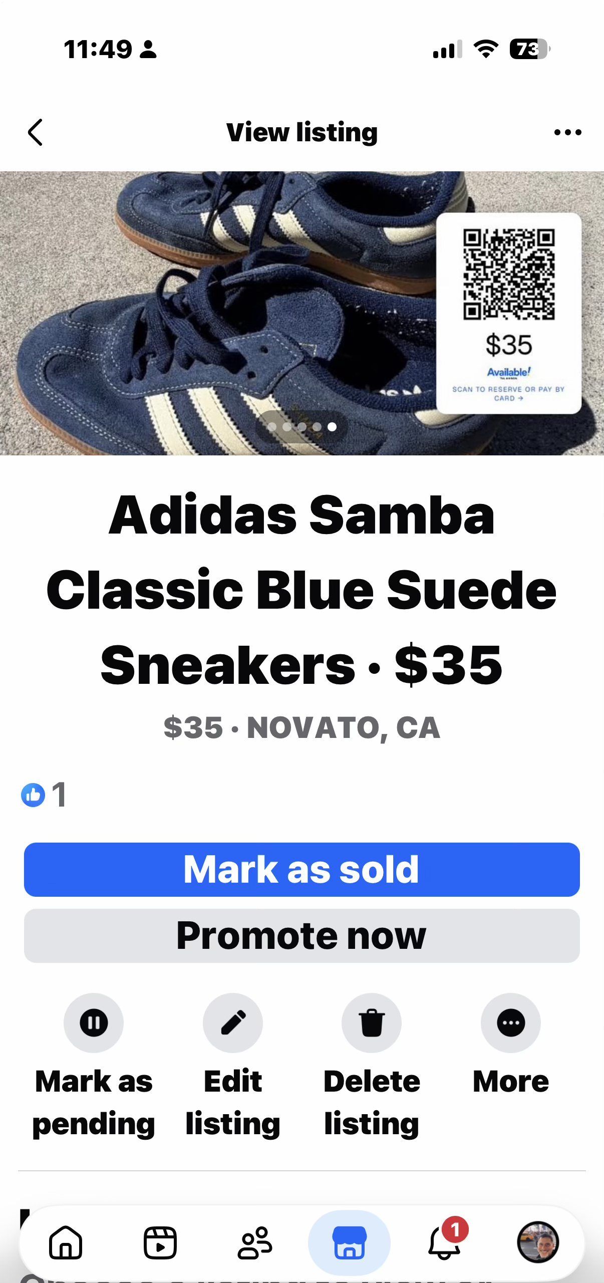 Facebook Marketplace buyer view of an Adidas Samba Classic Blue Suede Sneakers listing at $35 in Novato CA, showing the Available!™ scan-to-buy image (QR + price + wordmark) visible on one of the listing carousel photos