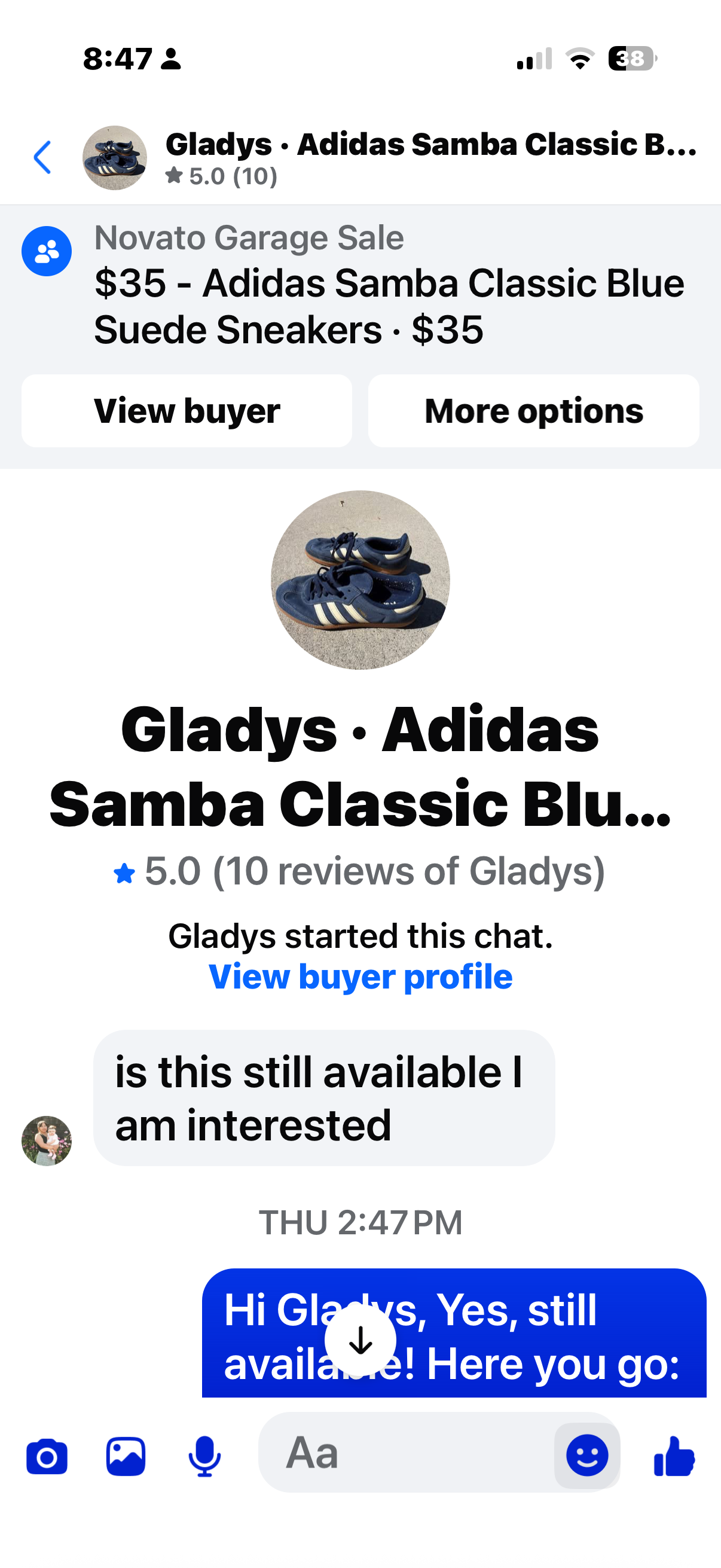 iPhone Messenger screenshot of a Facebook Marketplace buyer asking "is this still available I am interested"