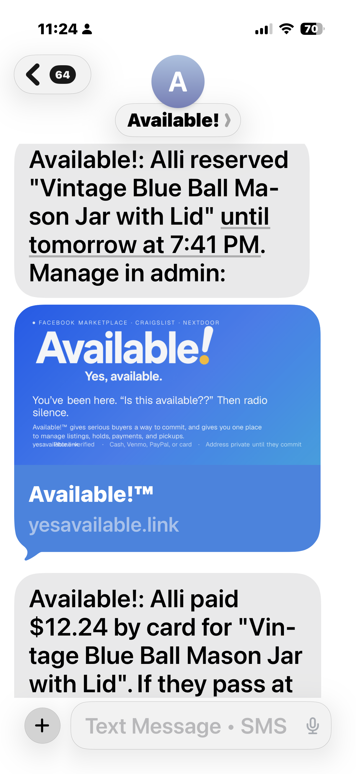 iPhone Messages screenshot of an incoming Available!™ reservation SMS from a real buyer