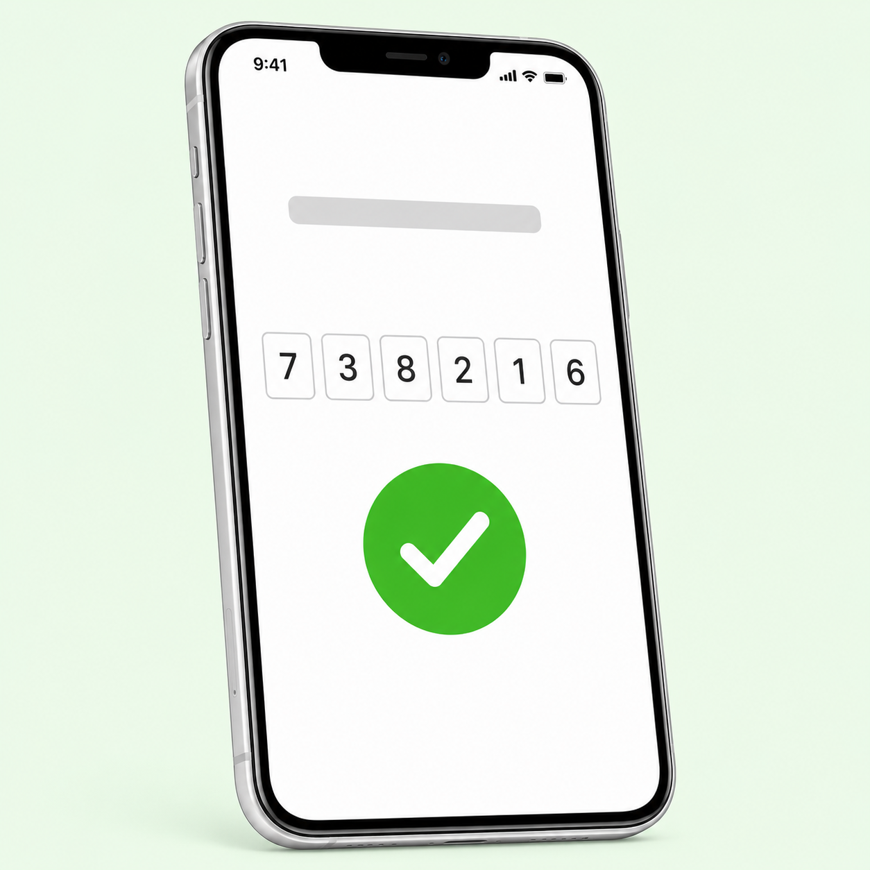 A phone showing a 6-digit verification code with a big green checkmark